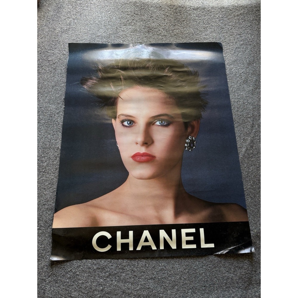 Vintage 1980s Chanel Original Advertisement Poster Portrait Black Logo Fashion